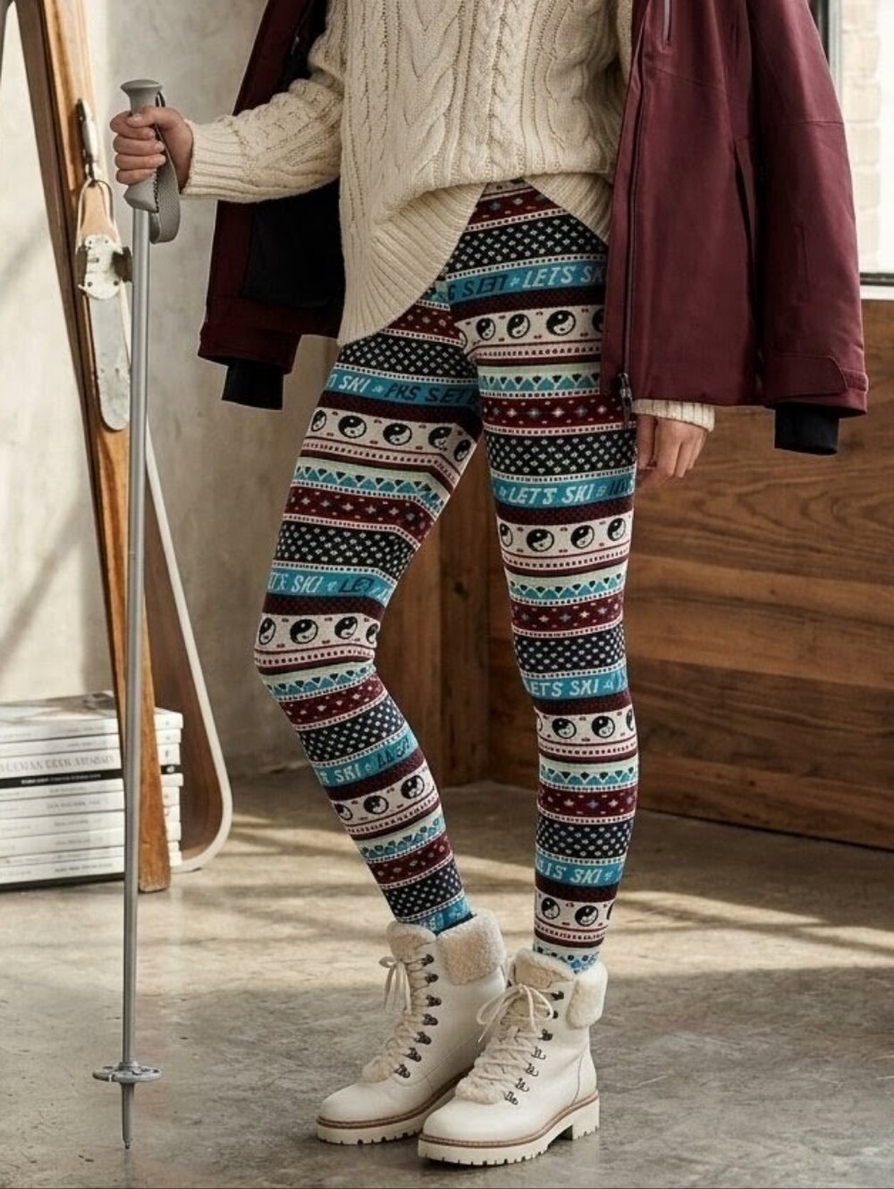 No Boundaries Ski Stripe Patterned Leggings in Maroon, Teal, Cream
